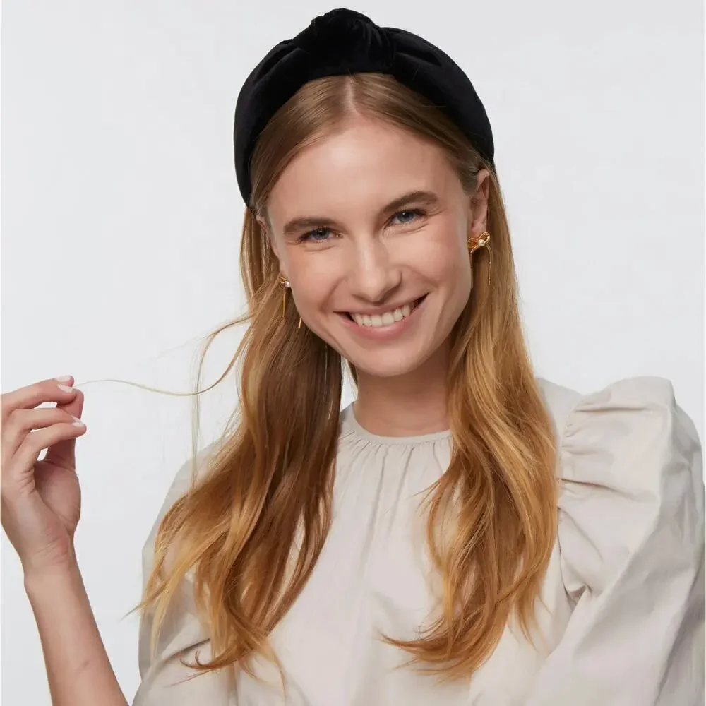 Lele Sadoughi Jet Black Velvet Knotted Headband Gold Logo NWT
